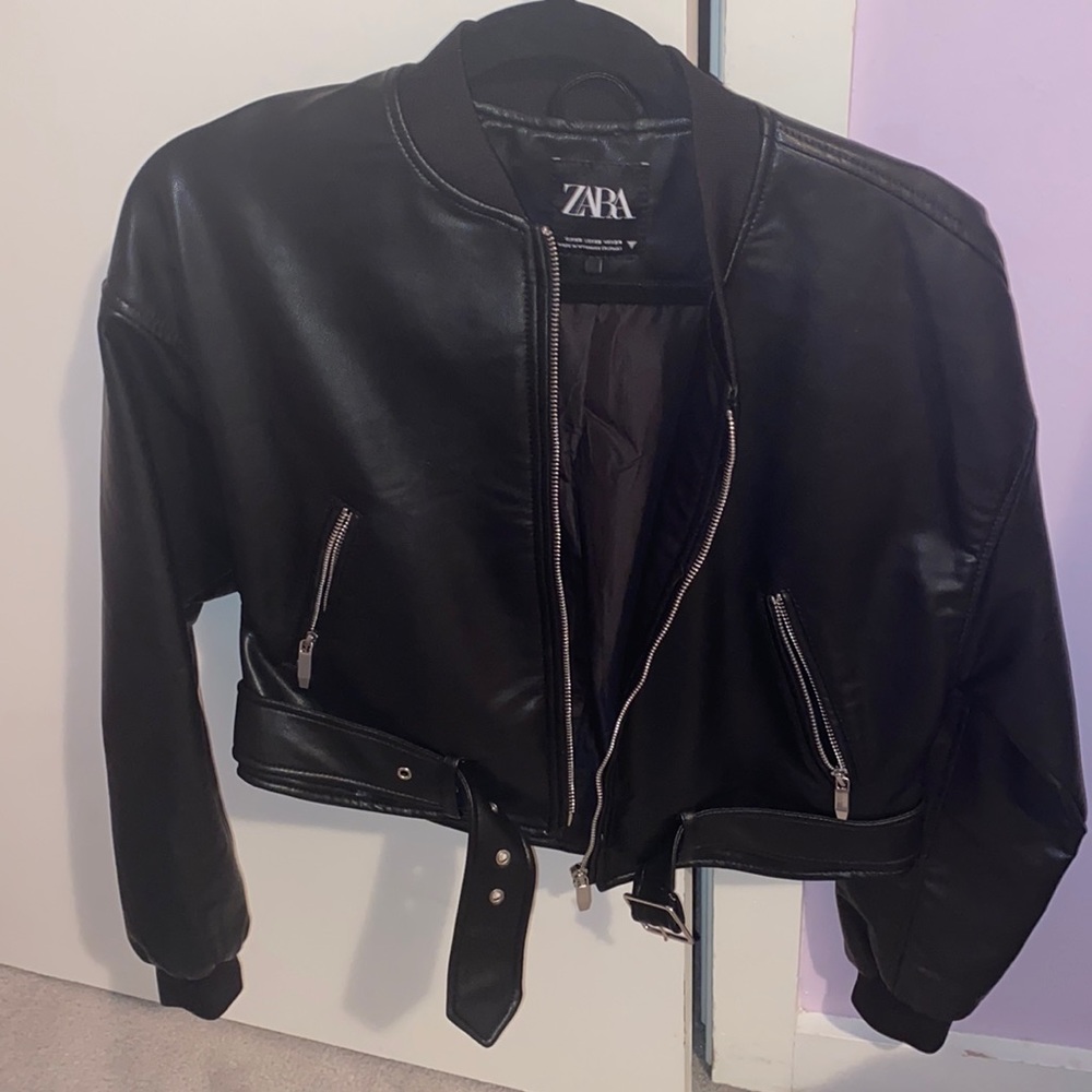 NWOT Zara Cropped Bomber Leather Jacket - XS